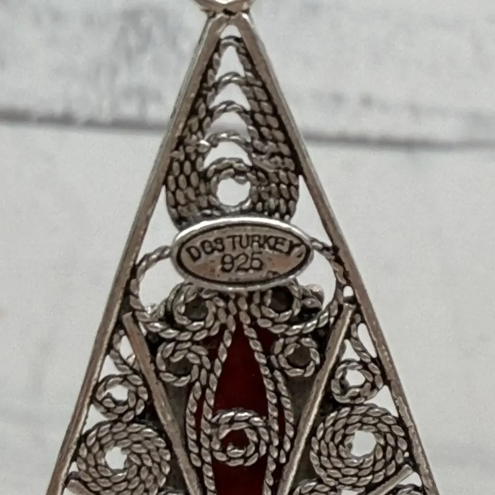 DGS Turkey 925 Sterling Silver Filigree Carnelian Dangle Earrings 16.4 grams